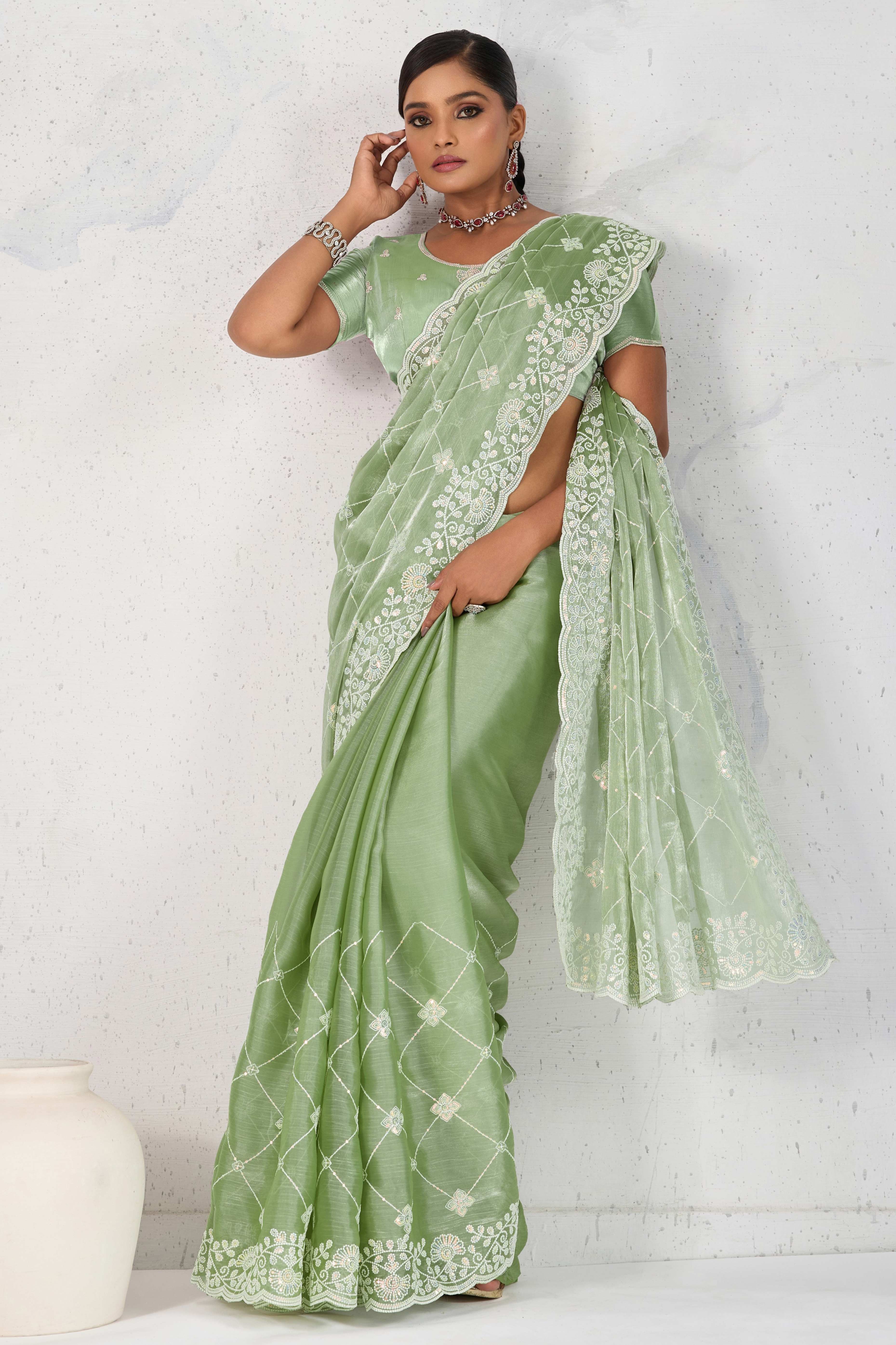 Green Silk Saree with Dazzling Sequin Embroidery