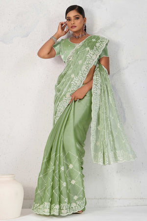 Green Silk Saree with Dazzling Sequin Embroidery