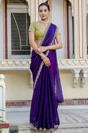 Violet Satin Velvet Saree Adorned With Handcrafted Sequins Beads & Pearl Embellishments
