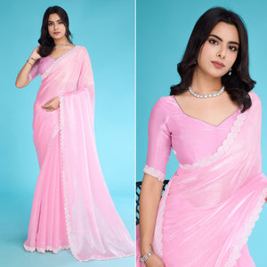 Pink Solid With Zarkan & Ceramic Pearl Diamond Lace Tissue Saree