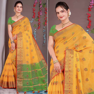 Yellow Floral Woven Cotton Silk Saree With Tassels