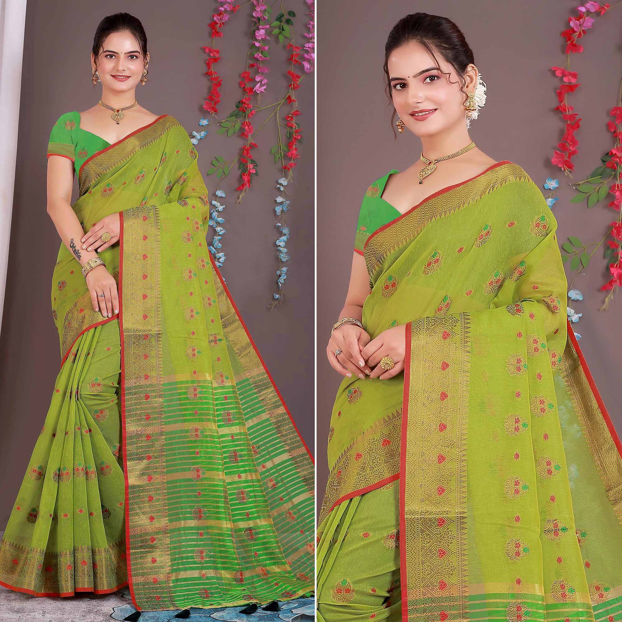 Green Floral Woven Cotton Silk Saree With Tassels
