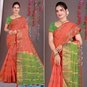 Red Floral Woven Cotton Silk Saree With Tassels
