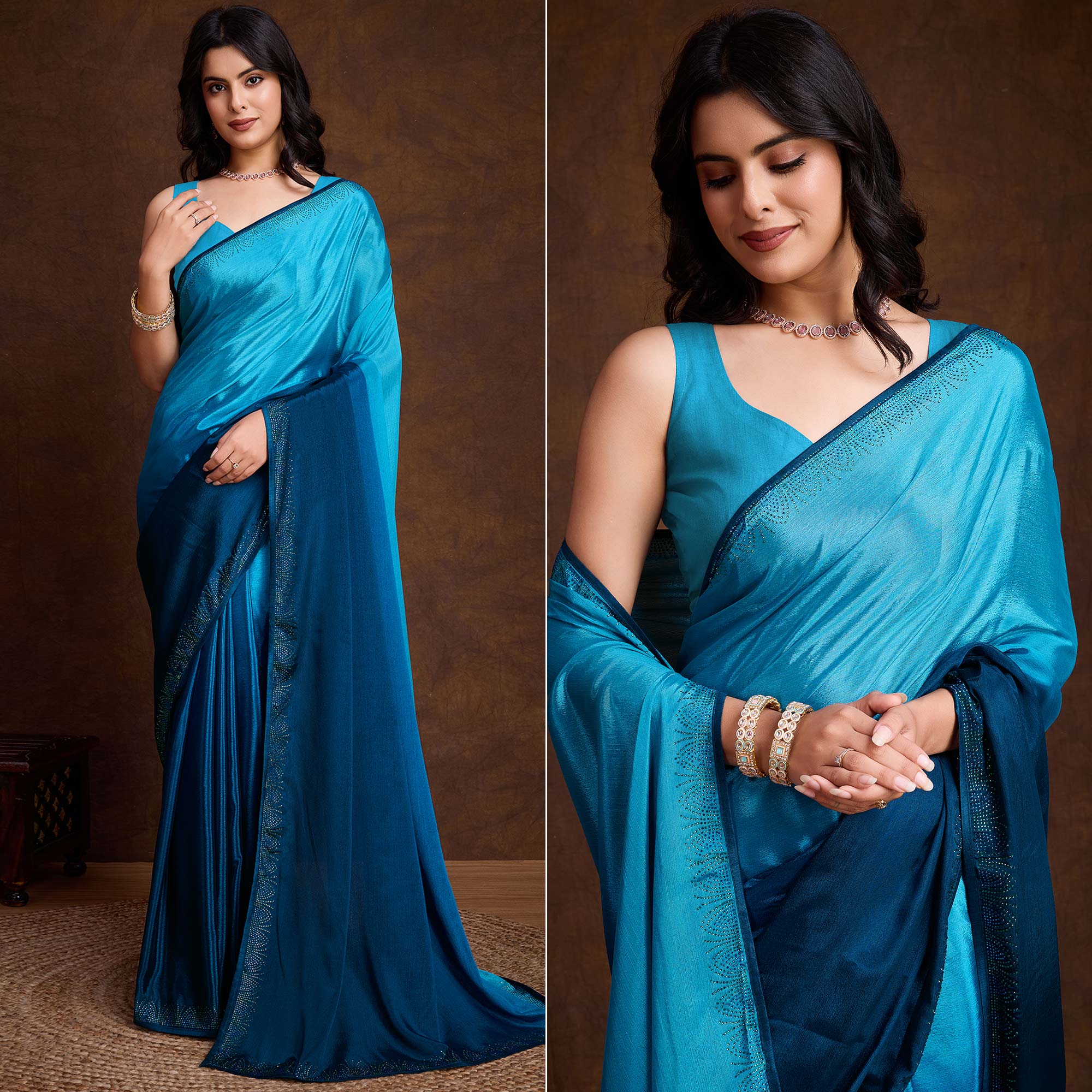 Blue Swarovski Border Work Chinon Ombre Saree