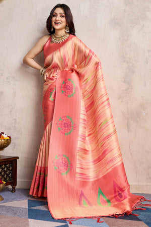 Peach Kanoko Print Weaving Soft Banarasi Silk Saree