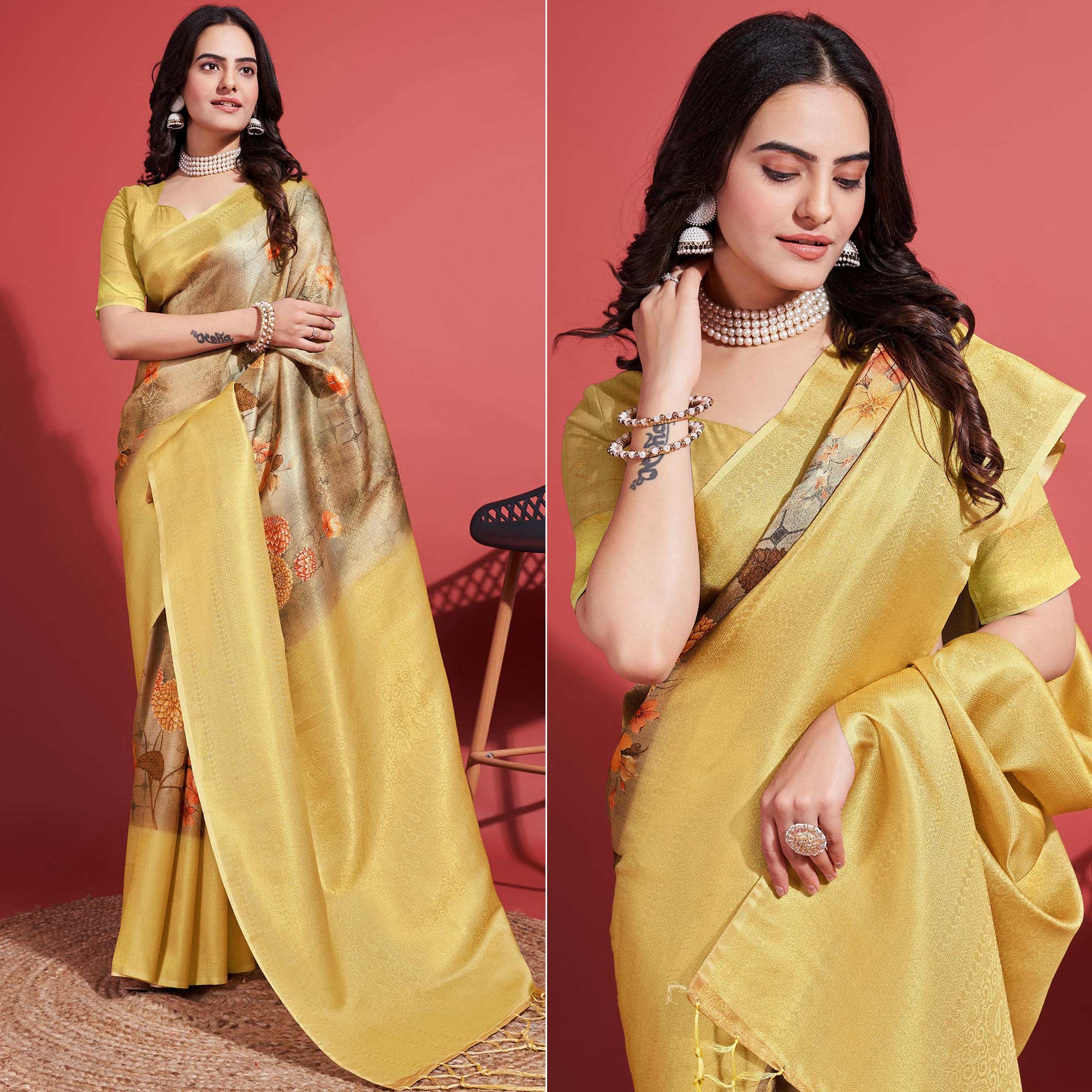 Yellow & Brown Floral Digital Printed With Woven Banarasi Silk Saree