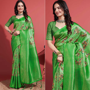 Green Floral Digital Printed With Woven Banarasi Silk Saree