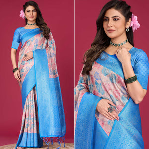 Blue Floral Digital Printed With Woven Pure Silk Saree