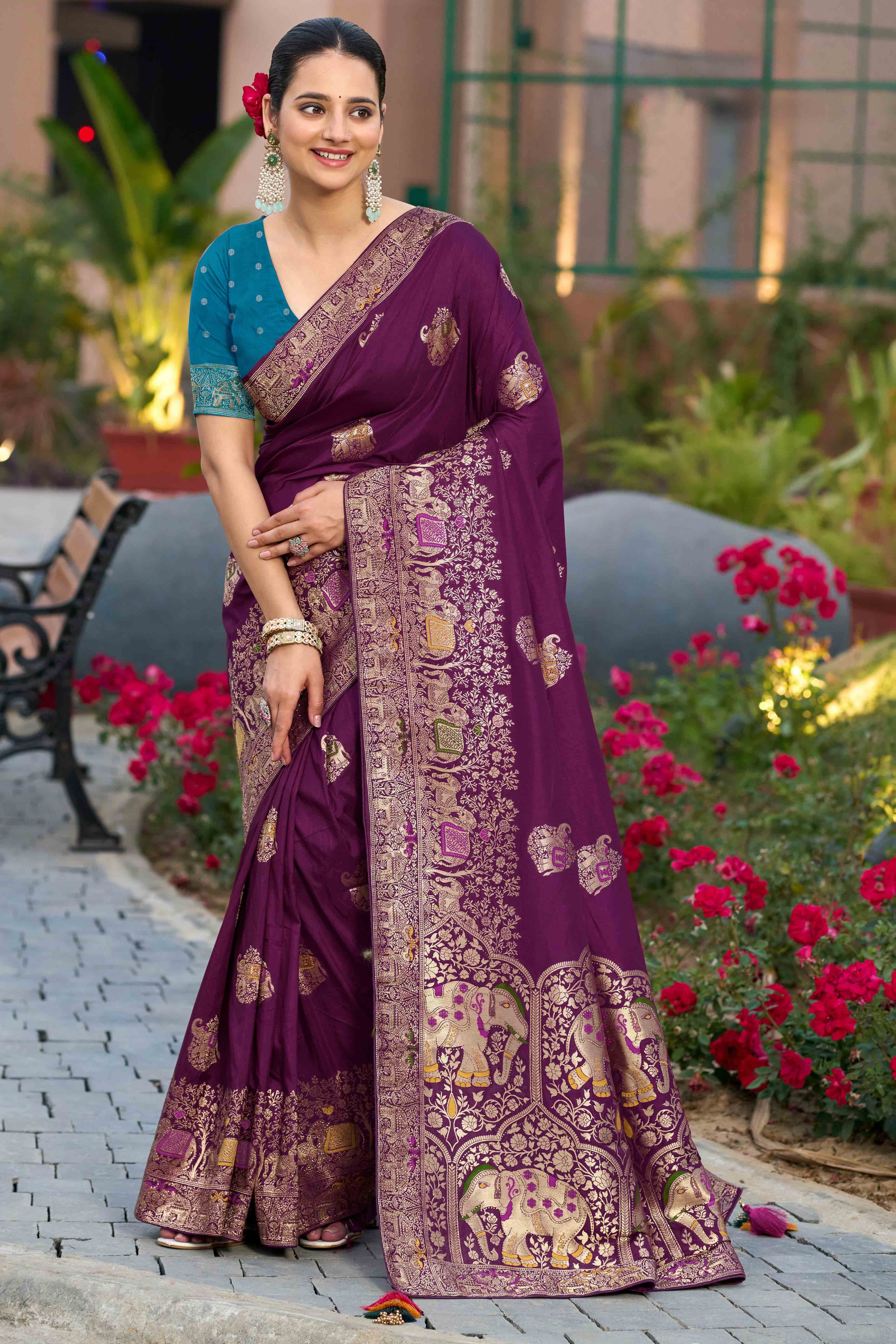 Wine Zari Woven Dola Silk Saree With Intricate Meenakari & Swarovski Embellishments