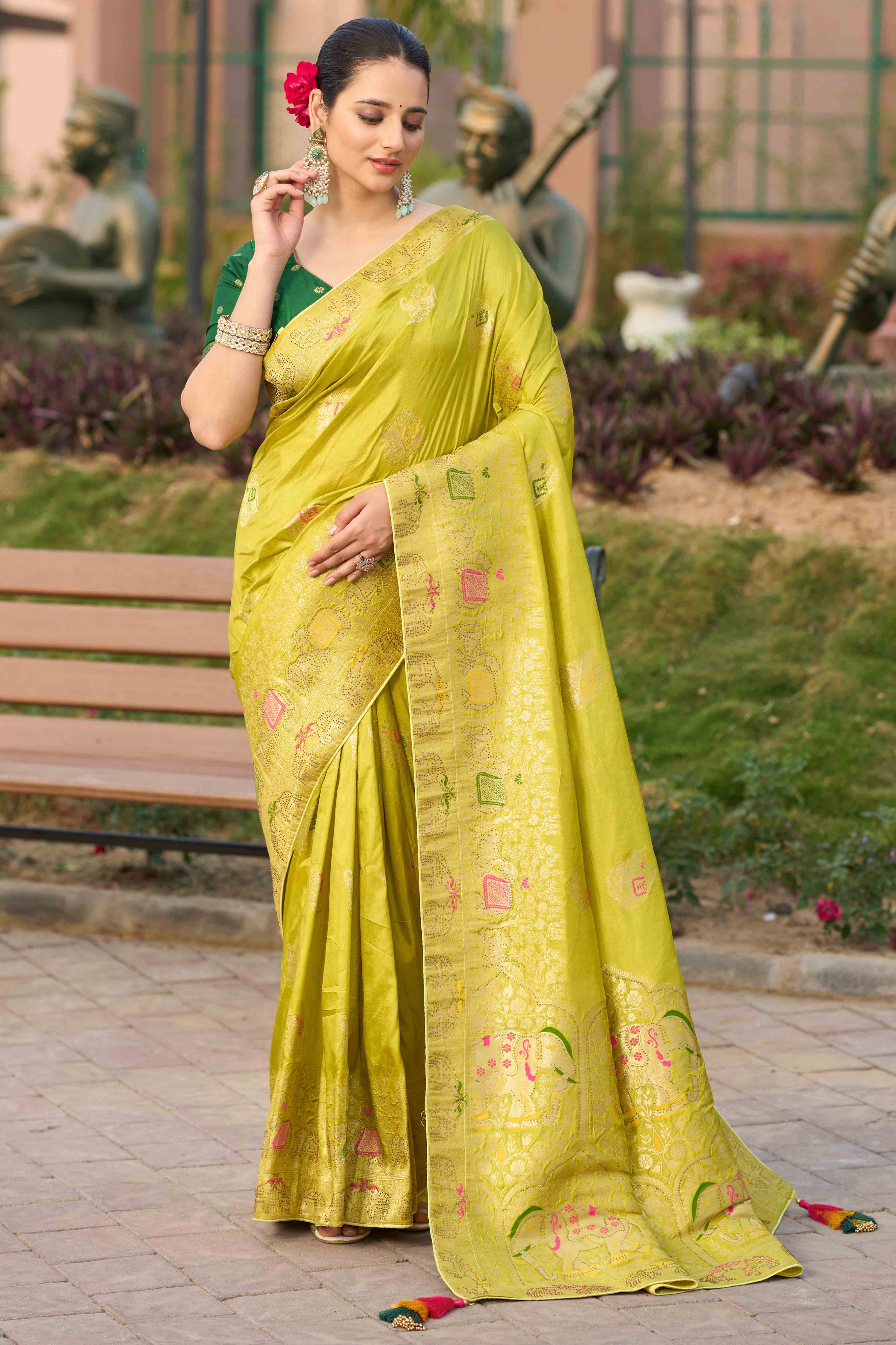 Green Zari Woven Dola Silk Saree With Intricate Meenakari & Swarovski Embellishments