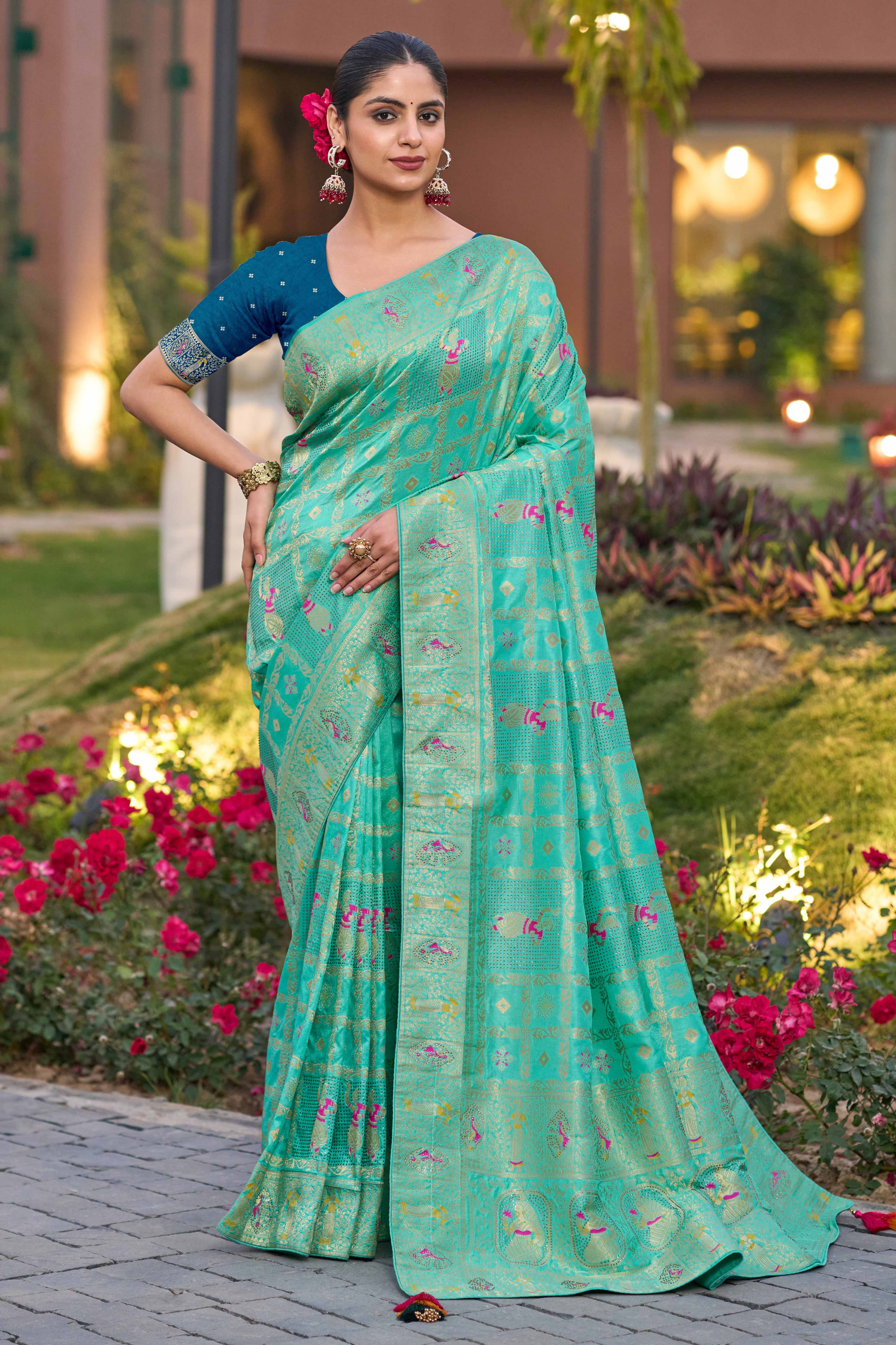 Turquoise Dola Silk Saree Featuring Intricate Gharchola Woven Design