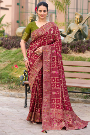 Wine Dola Silk Saree Featuring Intricate Gharchola Woven Design