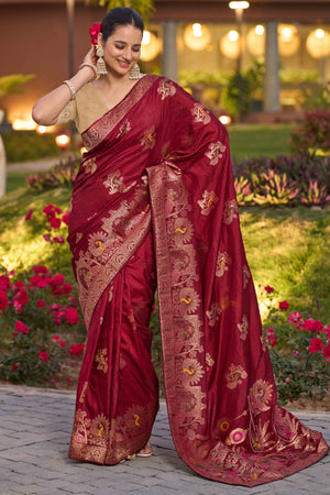 Opulent Maroon Dola Silk Saree With Exquisite Zari Weaving & Swarovski Embellishments