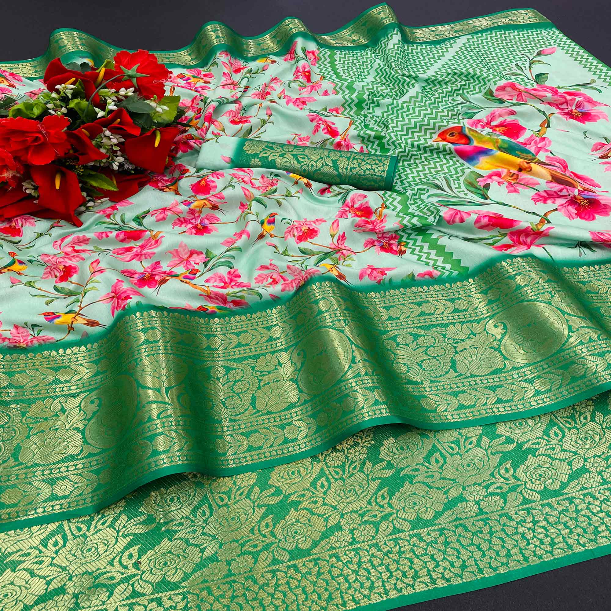 Sea Green Floral Digital Printed With Woven Border Dola Silk Saree