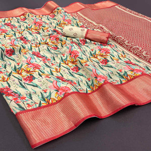 Cream Floral Digital Printed With Woven Border Dola Silk Saree