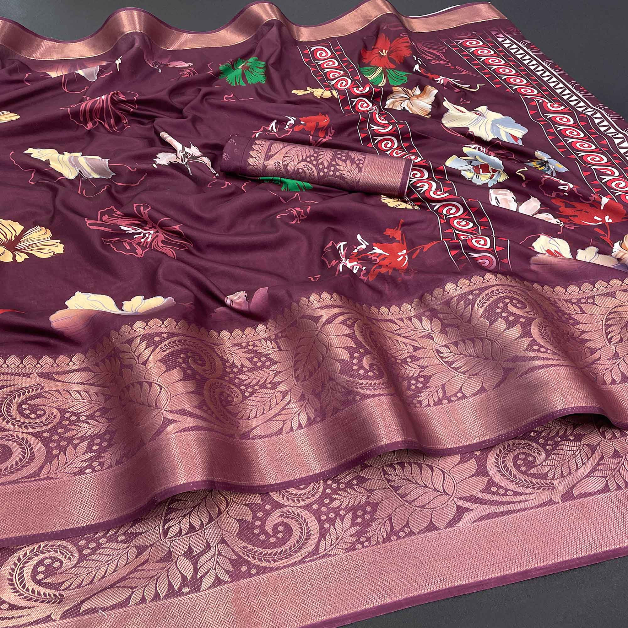 Burgundy Floral Digital Printed With Woven Border Dola Silk Saree