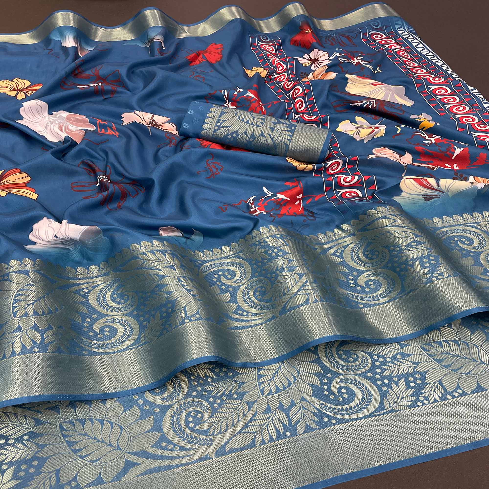 Blue Floral Digital Printed With Woven Border Dola Silk Saree