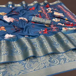 Blue Floral Digital Printed With Woven Border Dola Silk Saree