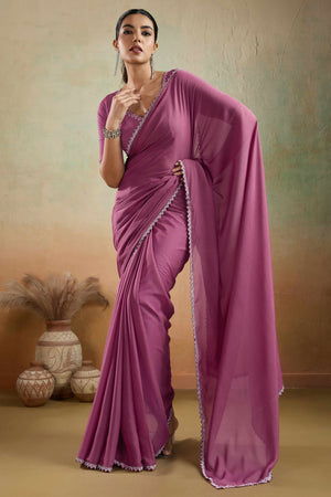 Deep Rose Pink Solid Matt Georgette Saree With Ceramic Embellished Lace Border