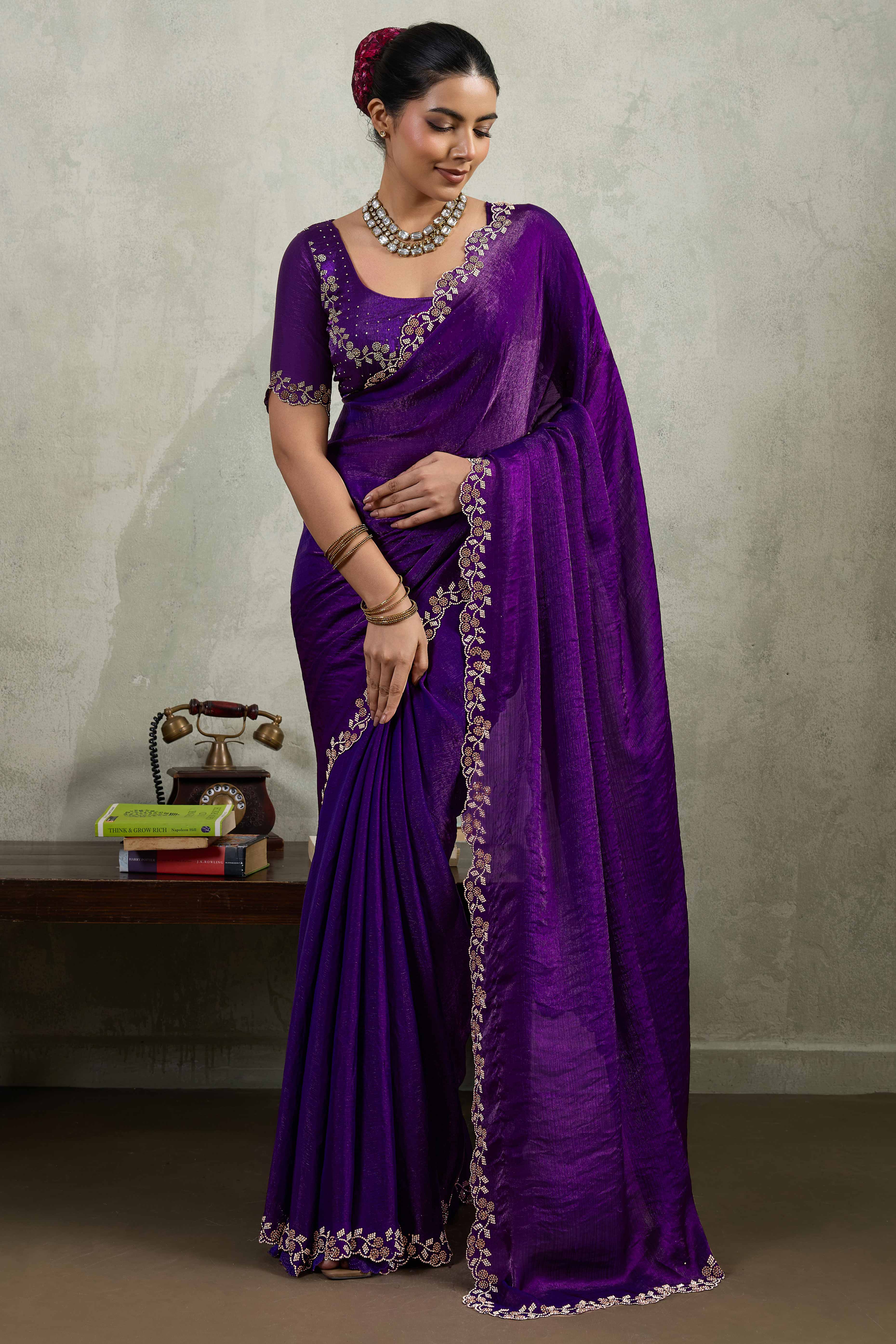 Purple Velvet Chiffon Saree Accented with Sparkling Zarkan Detailing