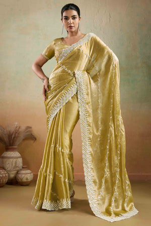 Olive Chiffon Saree with Rich Velvet Accents & Thread Detailing