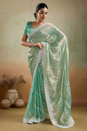 Sea Green Chiffon Saree with Rich Velvet Accents & Thread Detailing