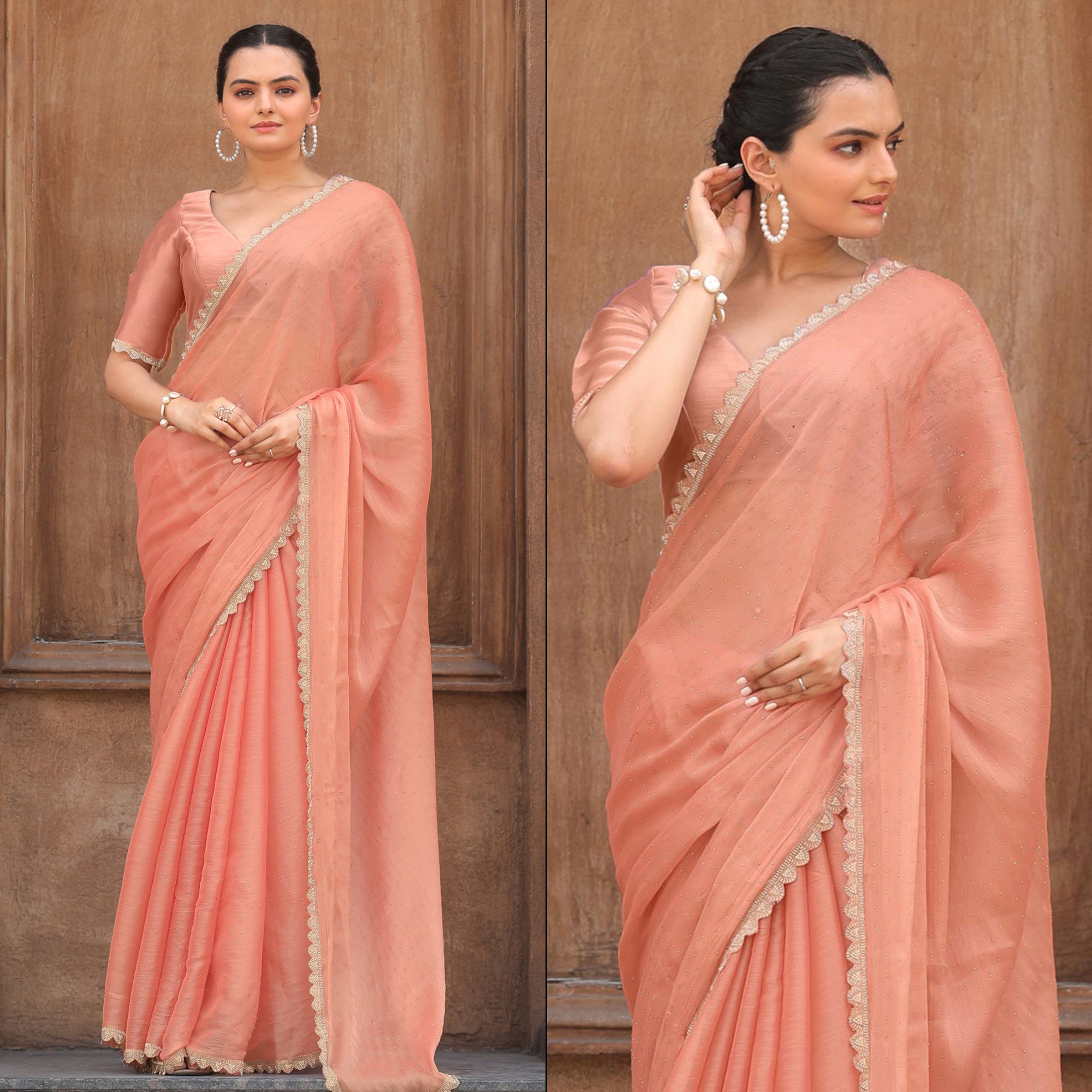 Peach Stonework Tussar Silk Saree