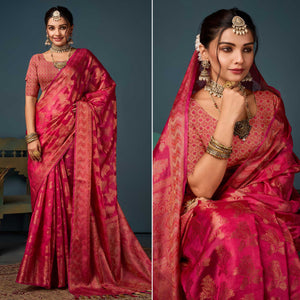 Rani Pink Floral Woven Organza Saree With Tassels