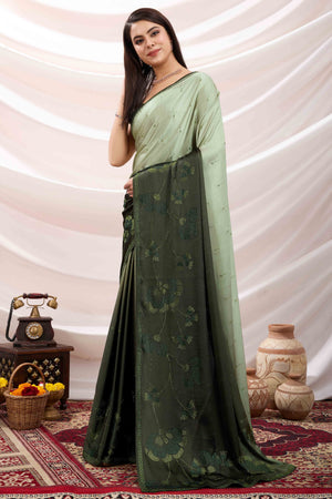 Green Floral Swarovski Work Satin Saree