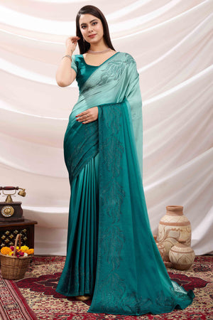 Rama Blue Floral Swarovski Work Satin Saree