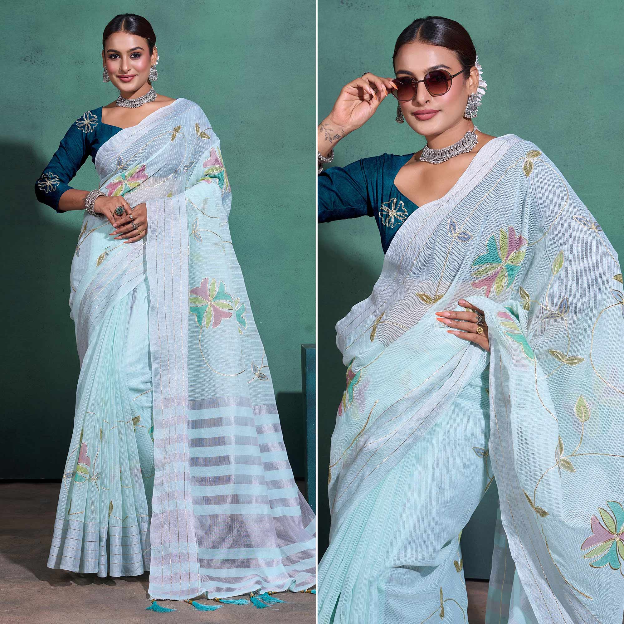Sea Green Gota patti Embroidered Linen Saree With Tassels