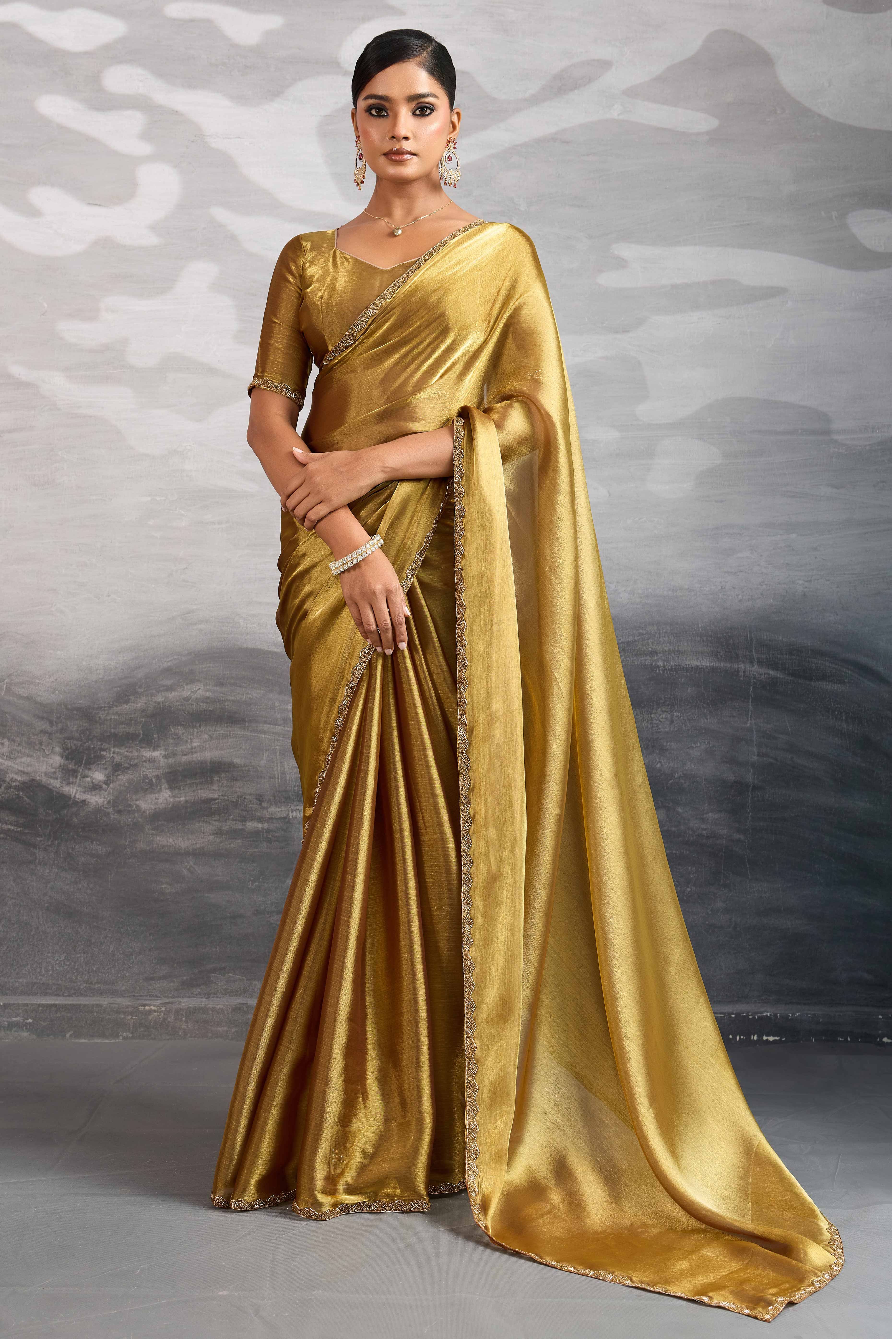 Solid Gold Chiffon Saree Featuring Beads Embellished Border