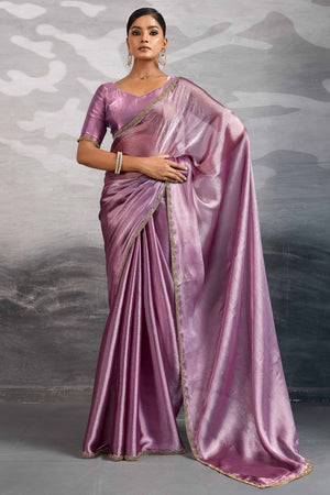 Solid Lilac Purple Chiffon Saree Featuring Beads Embellished Border