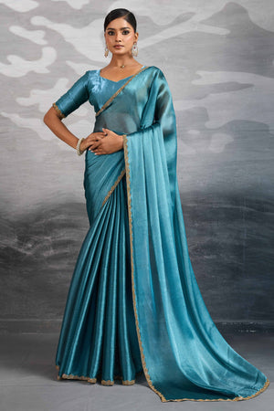 Solid Teal Chiffon Saree Featuring Beads Embellished Border