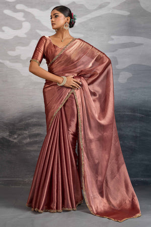 Solid Copper Red Chiffon Saree Featuring Beads Embellished Border