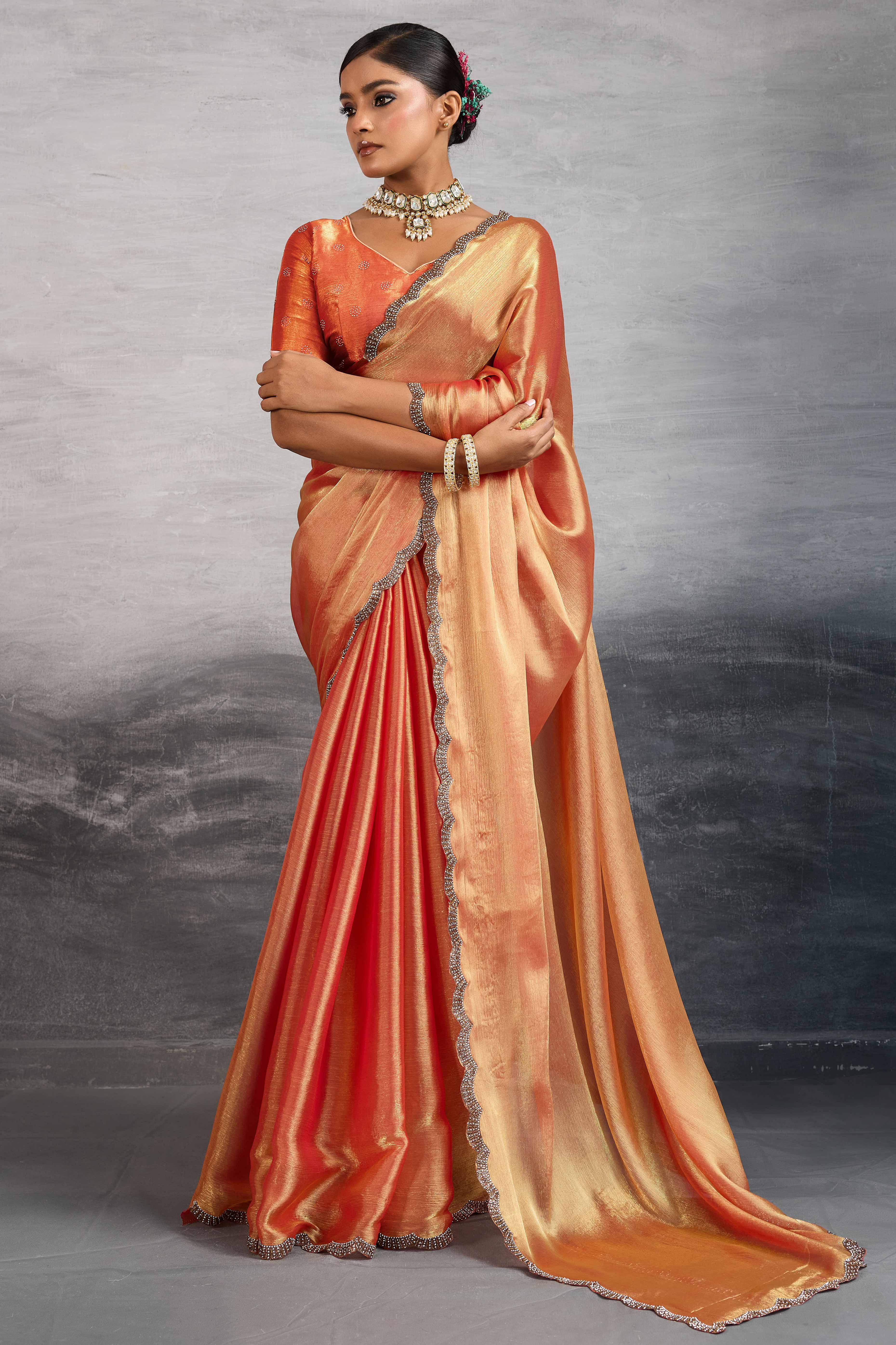 Peach Burberry Chiffon Saree Embellished With Zarkan & Cutdana Appliqué Lace Border
