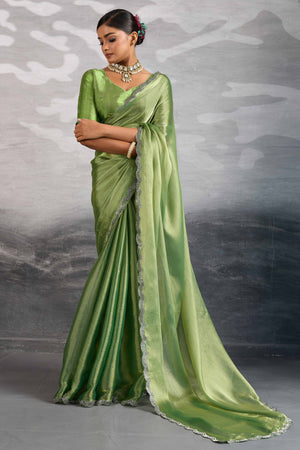 Green Burberry Chiffon Saree Embellished With Zarkan & Cutdana Appliqué Lace Border