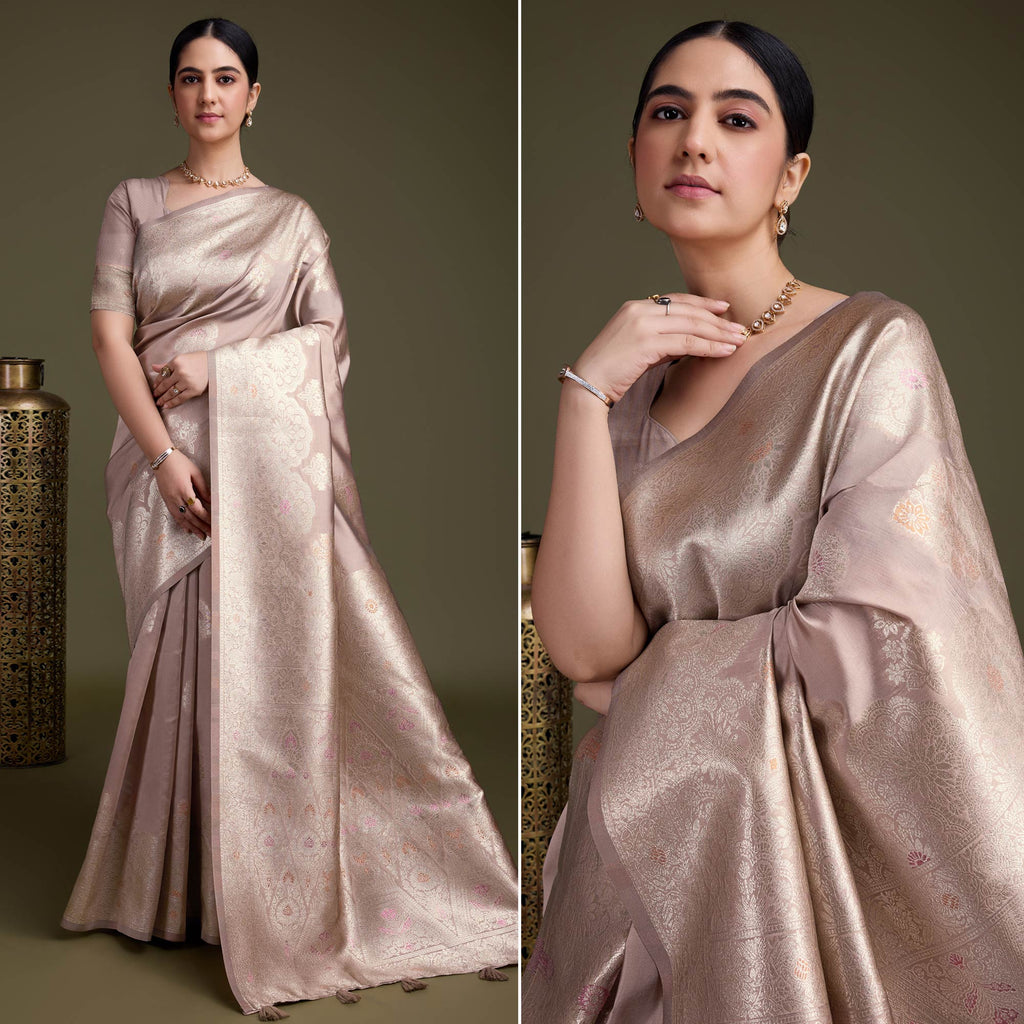 Beige Banarasi Saree with Sequence, Multicolour Beads & Mirror Work main image 0