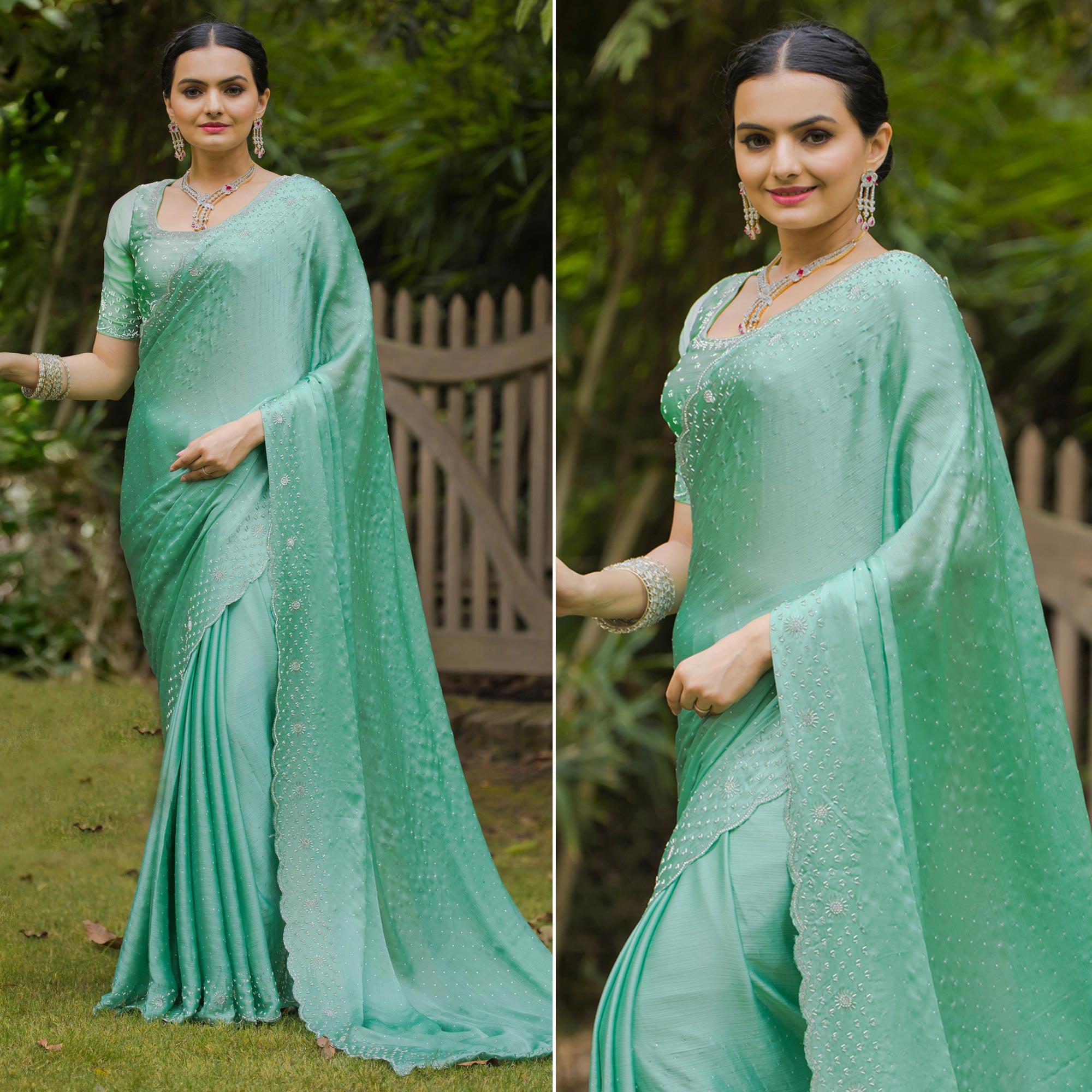 Rama Green Embellished Satin Saree With Stones Work