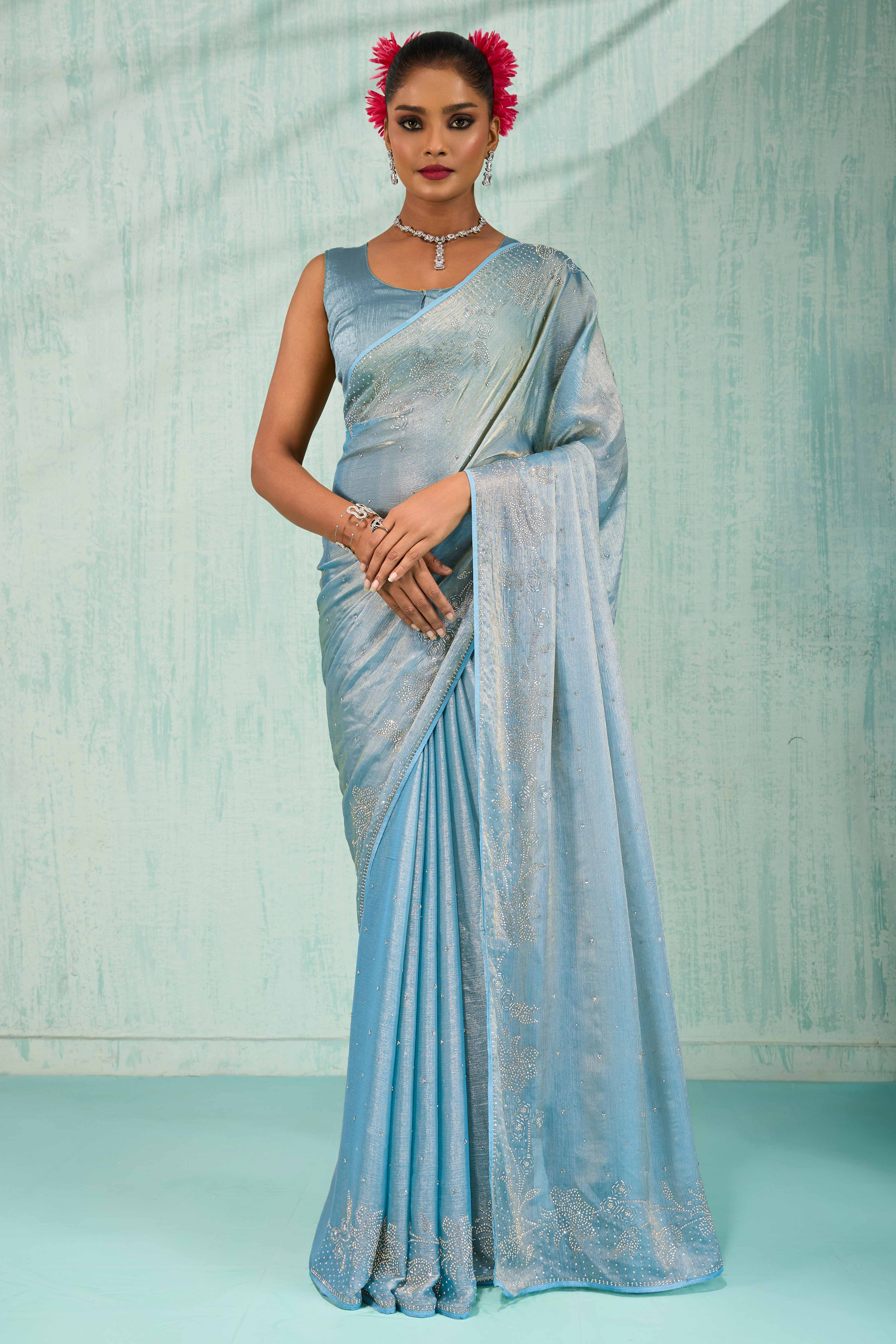 Elegant Party Wear Saree in Blue Chiffon with Stone Embellishment