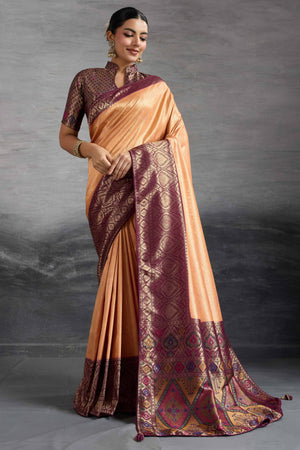 Peach Kanjivaram Silk Saree With Traditional Kadiyal Style Zari Weaving & Meenakari Pallu