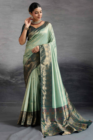 Mint Green Kanjivaram Silk Saree In Kadiyal Style Zari Weaving With Ornate Meenakari Pallu