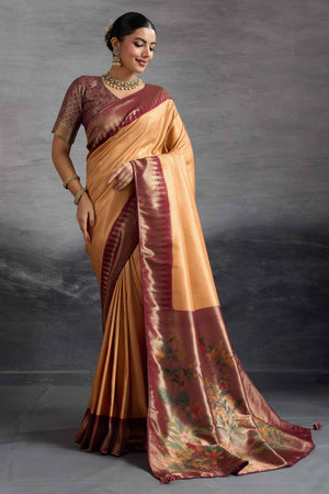 Light Orange Silk Kanjivaram Saree Enhanced With Kadiyal Weaving Borders