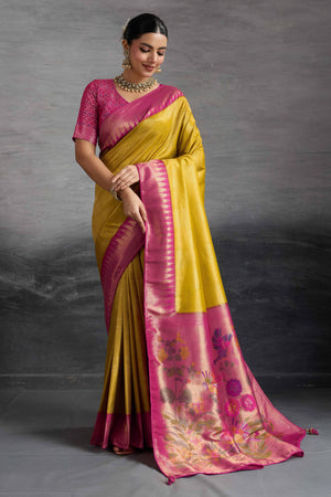Mustard Silk Kanjivaram Saree Enhanced With Kadiyal Weaving Borders