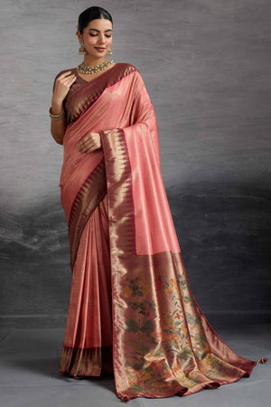 Peach Silk Kanjivaram Saree Enhanced With Kadiyal Weaving Borders
