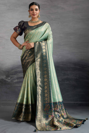 Sea Green Silk Kanjivaram Silk Saree Enhanced With Meenakari Weaving Borders