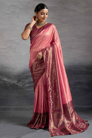 Traditional Peach Kanjivaram Soft Silk Saree with Bold Kadiyal Weave