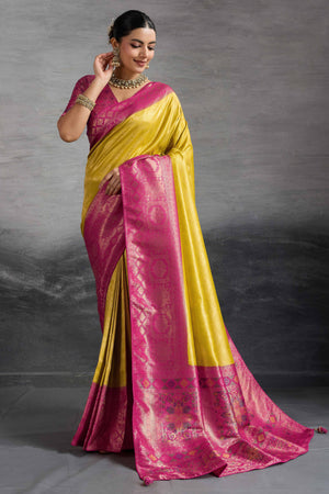 Traditional Mustard Kanjivaram Soft Silk Saree with Bold Kadiyal Weave