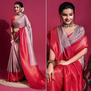 Purple & Pink Woven Kanjivaram Silk Saree With Tassels