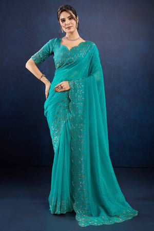 Rama Blue Floral Handwork Crush Silk Fancy Fabric Saree